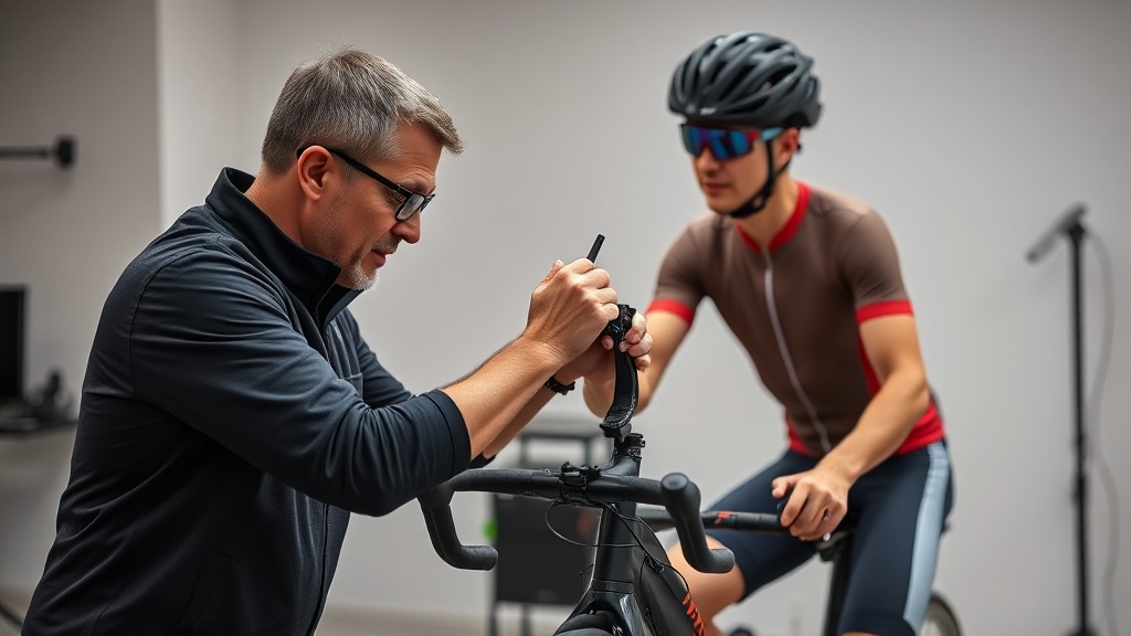 자전거 피팅 과정에서 라이더의 유연성을 확인하고 스템 높이를 조절하는 모습