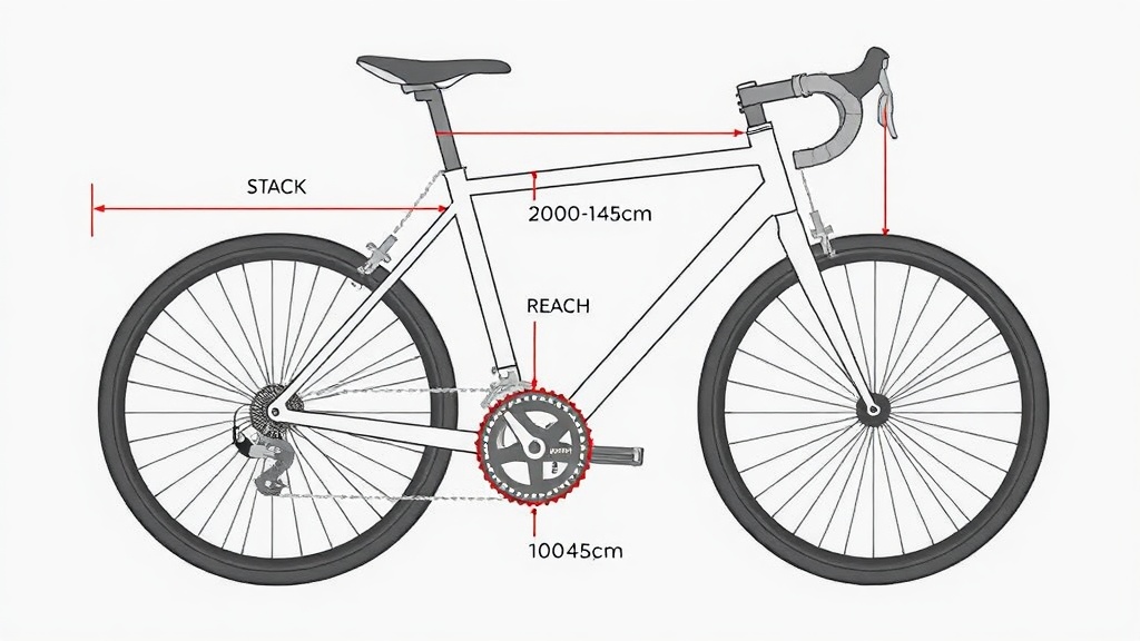 프레임의 스택과 리치가 라이더의 자세에 미치는 영향을 보여주는 지오메트리 도식