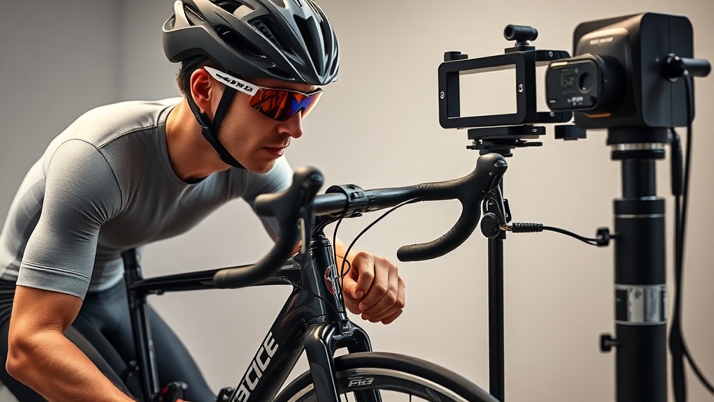 자전거 피팅 장비를 사용하여 라이더의 신체 조건에 맞는 스택과 리치를 측정하는 모습