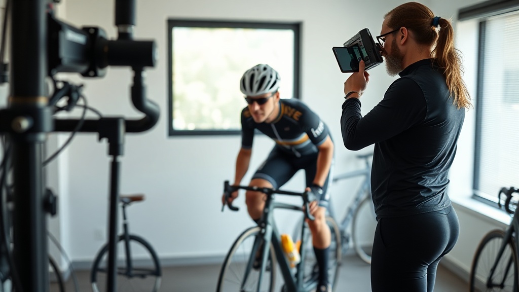 전문 피팅 스튜디오에서 라이더의 신체 치수와 유연성을 측정하는 장면